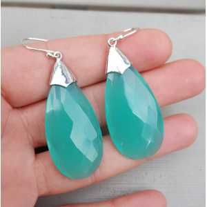 Silver earrings with large aqua Chalcedony briolet