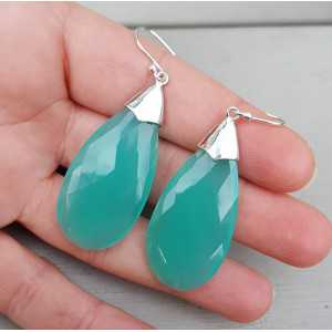 Silver earrings with large aqua Chalcedony briolet