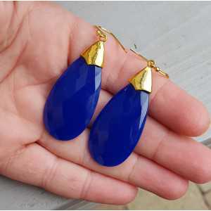Gold plated earrings with large cobalt blue Chalcedony briolet