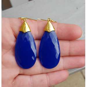 Gold plated earrings with large cobalt blue Chalcedony briolet
