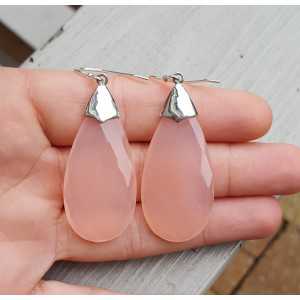 Silver earrings with large pink Chalcedony briolet