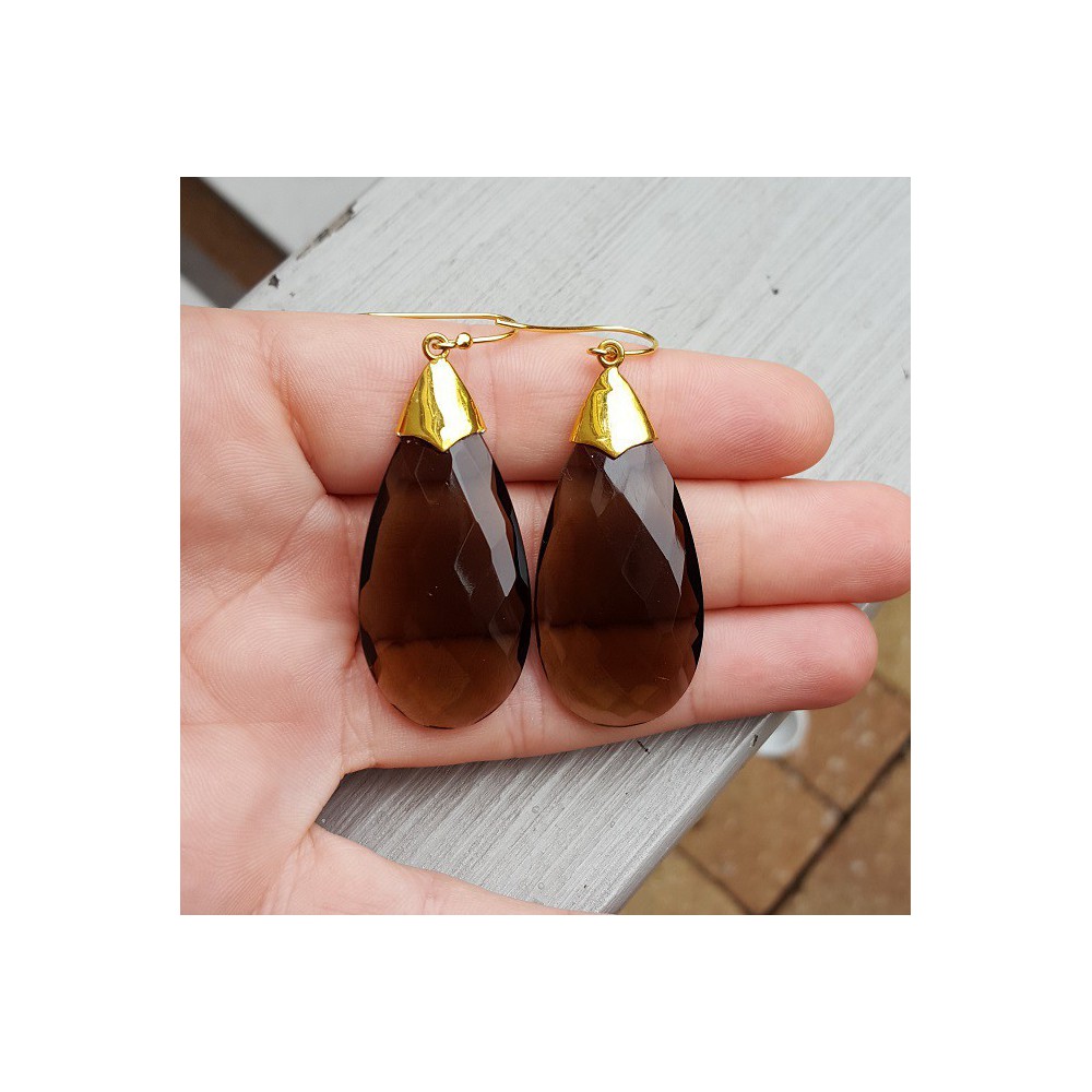 Gold plated earrings with large Smokey Topaz briolet