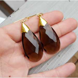 Gold plated earrings with large Smokey Topaz briolet