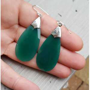 Silver earrings with large green Onyx briolet