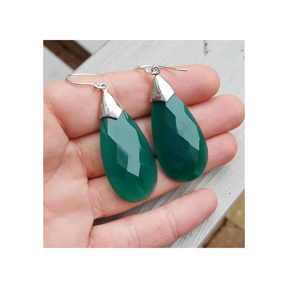 Silver earrings with large green Onyx briolet