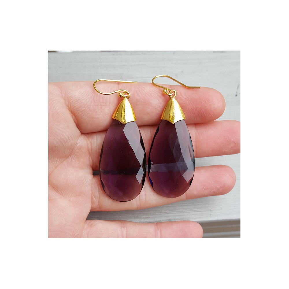 Gold plated earrings with large Amethyst quartz briolet