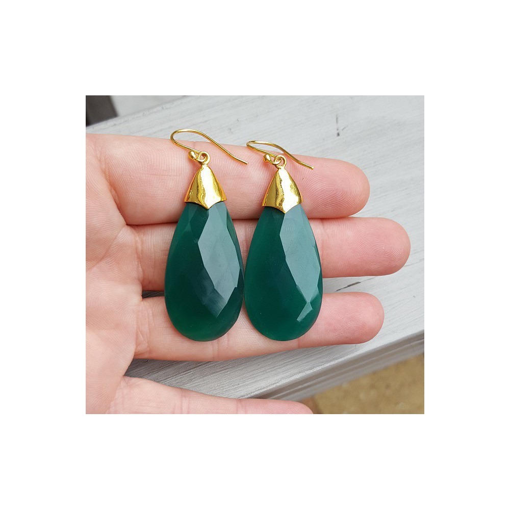 Gold plated earrings with large green Onyx briolet