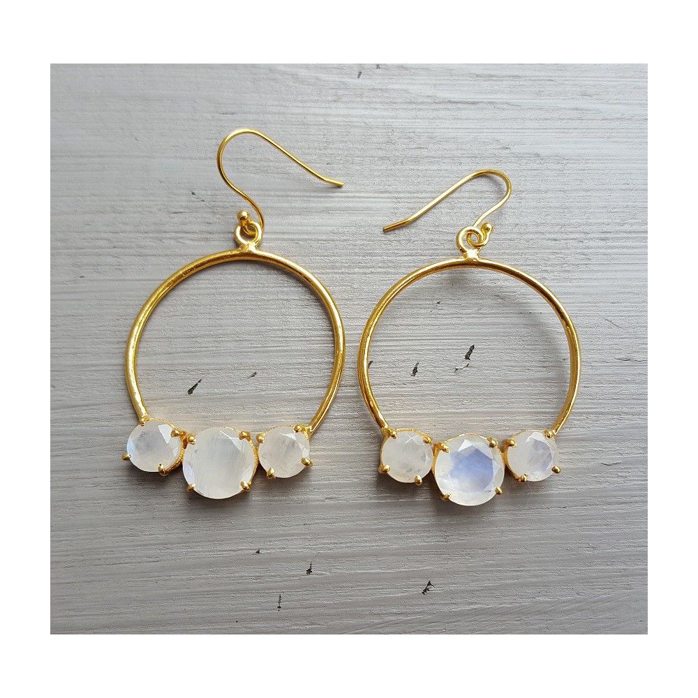 Gold plated earrings with ring set with rainbow Moonstones