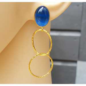 Gold plated earrings with blue cats eye and gold rings