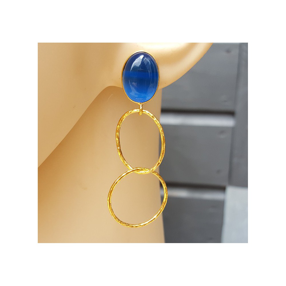 Gold plated earrings with blue cats eye and gold rings