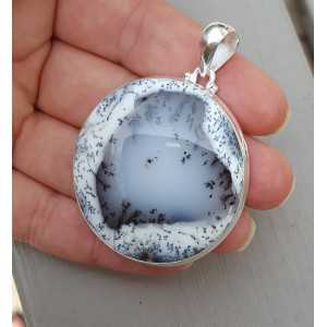 Zilveren edelsteenhanger gezet met grote ronde Dendriet Opaal