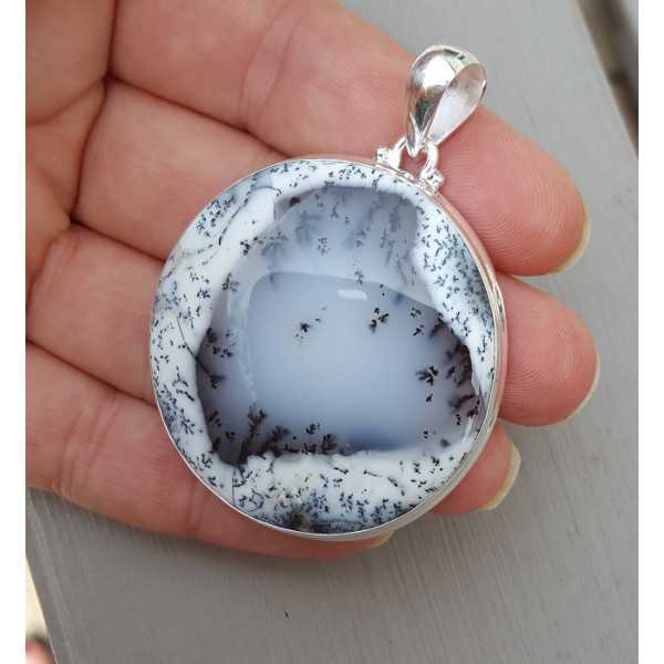 Silver edelsteenhanger set with large round Dendrite Opal