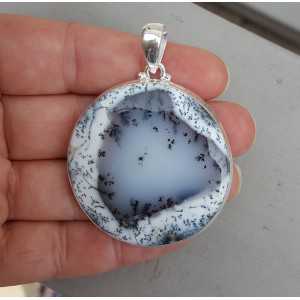 Zilveren edelsteenhanger gezet met grote ronde Dendriet Opaal