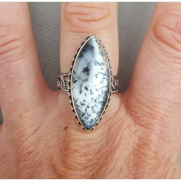 Silver ring with marquise Dendrite Opal edited setting 18.5