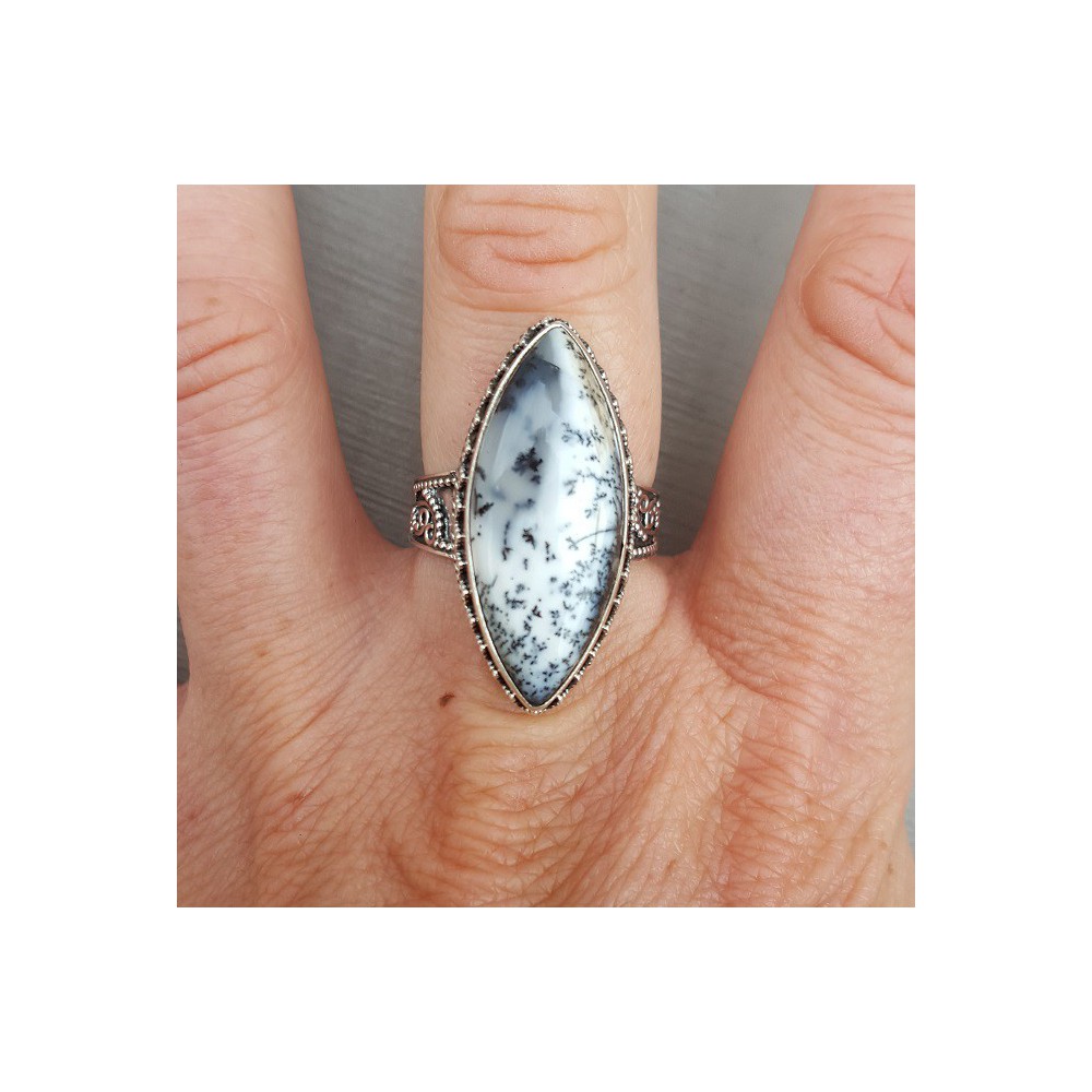 Silver ring with marquise Dendrite Opal edited setting 18.5