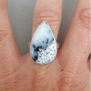 Silver ring set with teardrop shaped Dendrite Opal 17.5