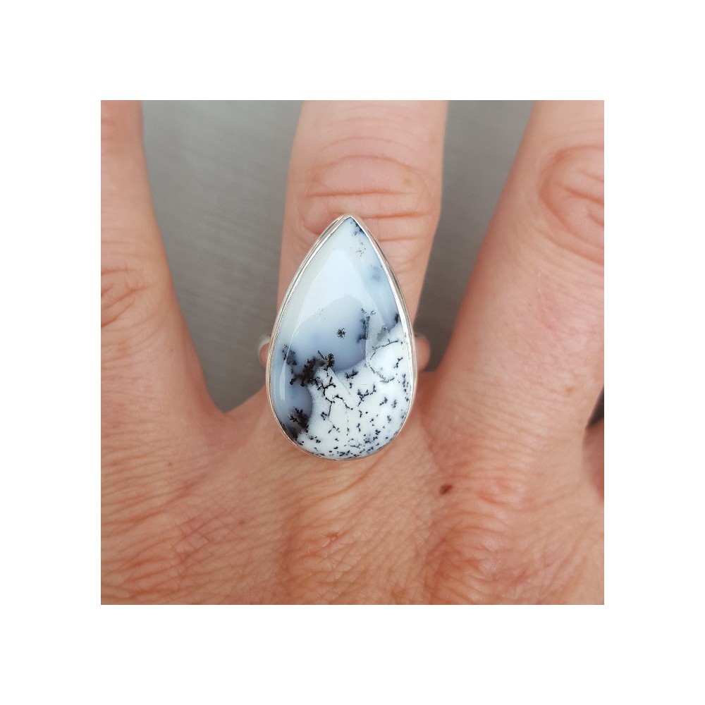 Silver ring set with teardrop shaped Dendrite Opal 17.5