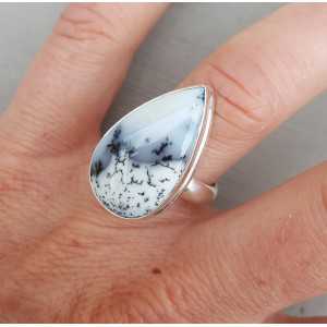 Silver ring set with teardrop shaped Dendrite Opal 17.5