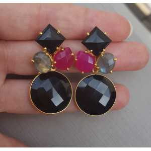 Gold plated earrings with Chalcedony, Labradorite and Onyx