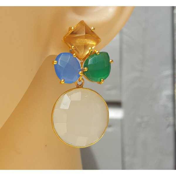 Gold plated earrings with Chalcedony, green Onyx and Champagne Topaz