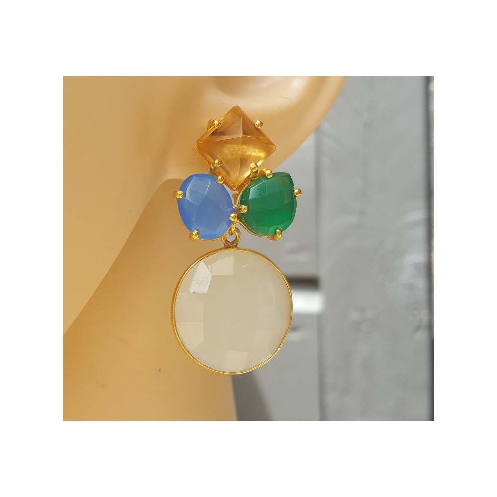 Gold plated earrings with Chalcedony, green Onyx and Champagne Topaz