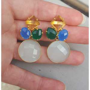 Gold plated earrings with Chalcedony, green Onyx and Citrine quartz 