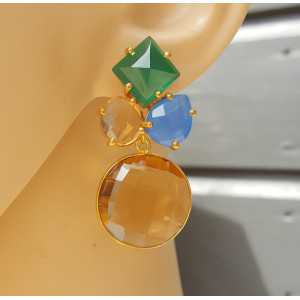 Gold plated earrings with Champagne Topaz, Chalcedony and Onyx