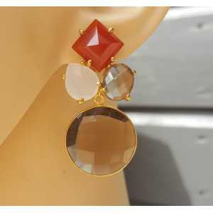 Gold plated earrings with Smokey Topaz, Carnelian and Chalcedony