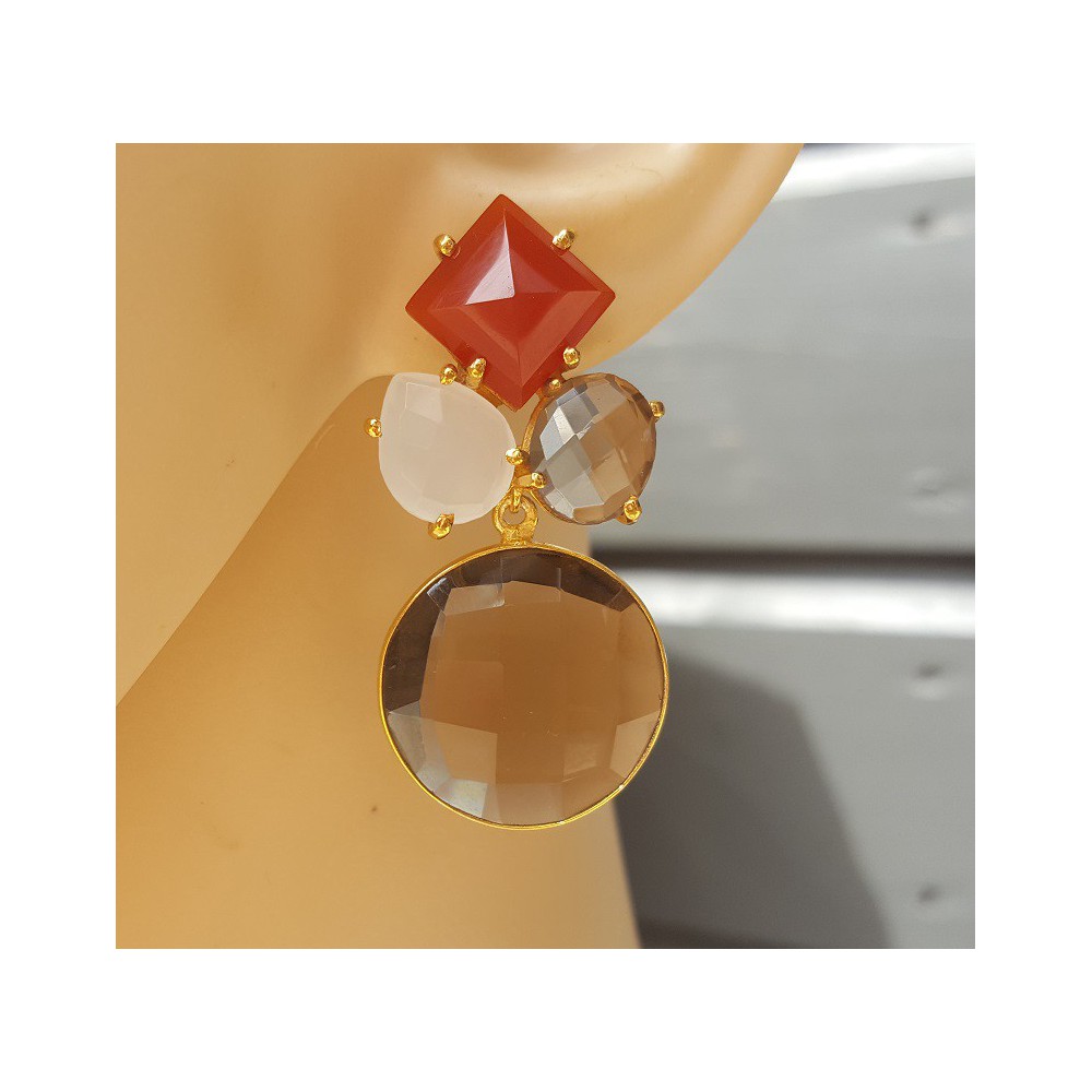 Gold plated earrings with Smokey Topaz, Carnelian and Chalcedony