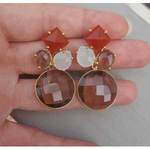 Gold plated earrings with Smokey Topaz, Carnelian and Chalcedony