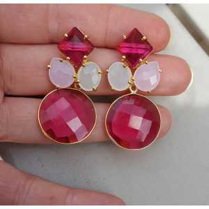 Goud vergulde oorbellen met roze Toermalijn quartz en Chalcedoon