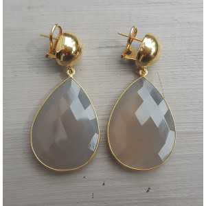 Gold plated earrings large gray Chalcedony briolet