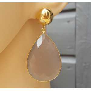 Gold plated earrings large gray Chalcedony briolet