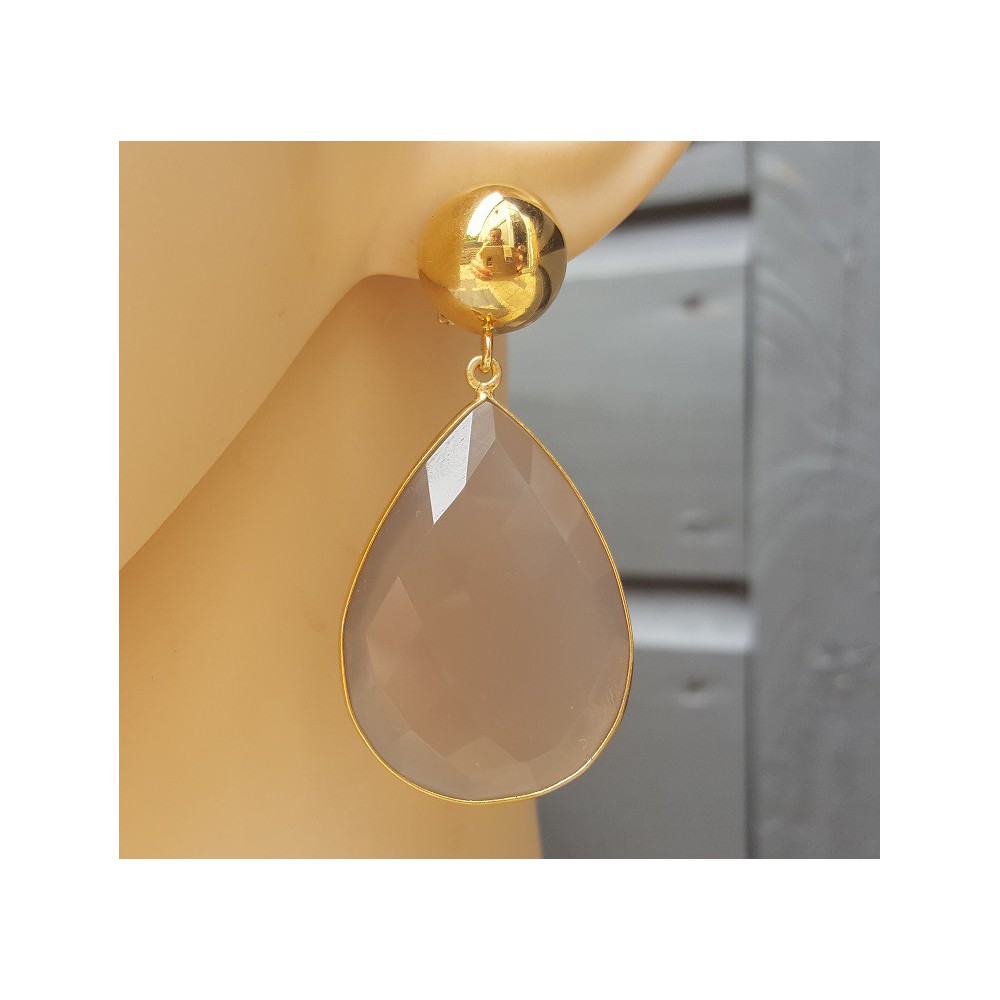 Gold plated earrings large gray Chalcedony briolet