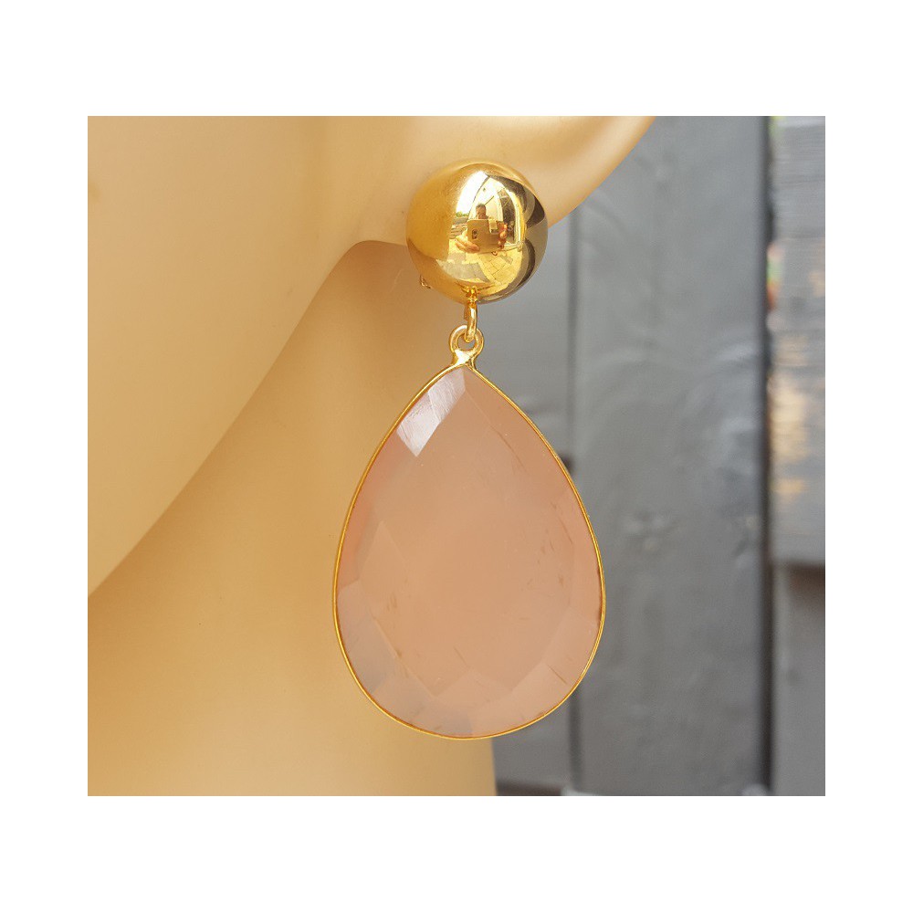 Gold plated earrings large pink Chalcedony briolet