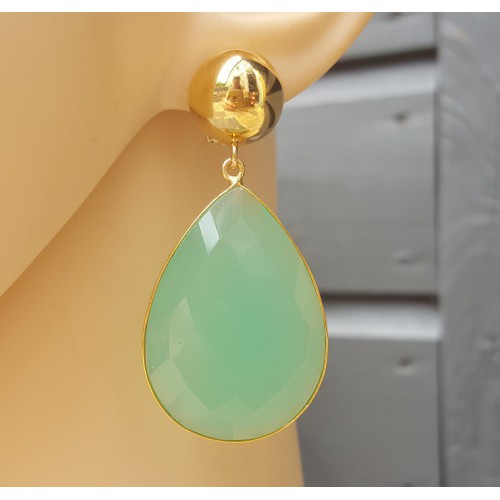 Goud vergulde oorbellen grote aqua Chalcedoon briolet