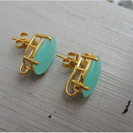 Vergulde oorknoppen gezet met aqua Chalcedoon