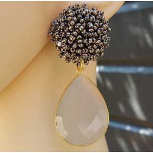 Gold plated earrings with pearls and grey Chalcedony