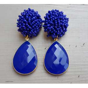 Gold plated earrings with blue beads and blue Chalcedony briolet