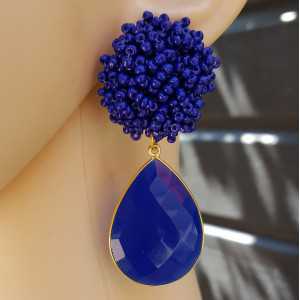 Gold plated earrings with blue beads and blue Chalcedony briolet