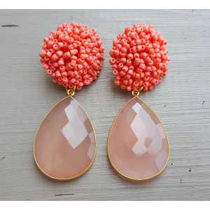 Gold plated earrings with pink beads and pink Chalcedony briolet