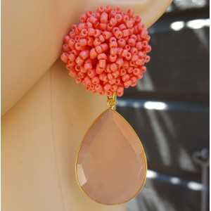 Gold plated earrings with pink beads and pink Chalcedony briolet