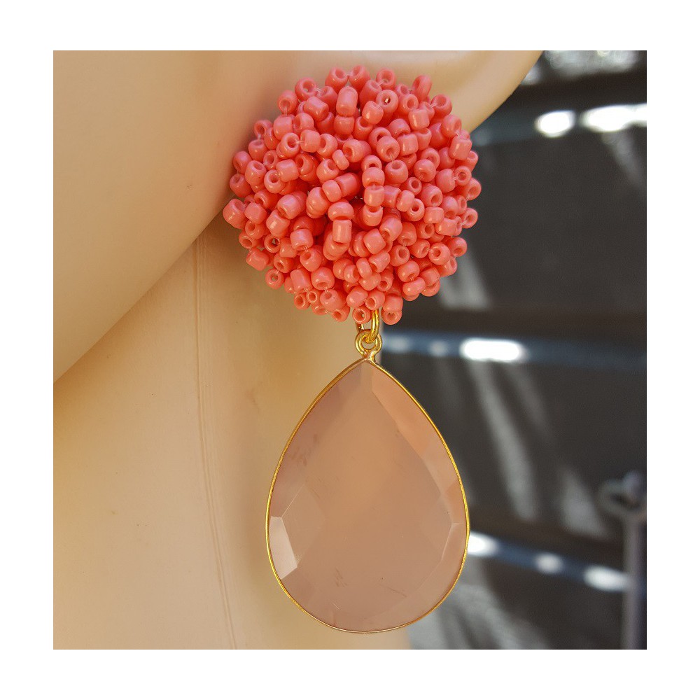 Gold plated earrings with pink beads and pink Chalcedony briolet