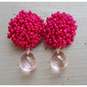 Earrings with oorknoppen of fuchsia pink beads and pink Topaz briolet