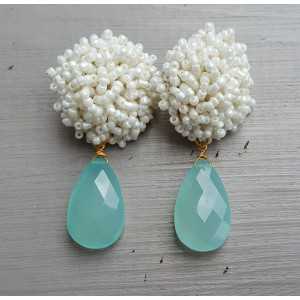 Earrings with oorknoppen of white beads and aqua Chalcedony briolet