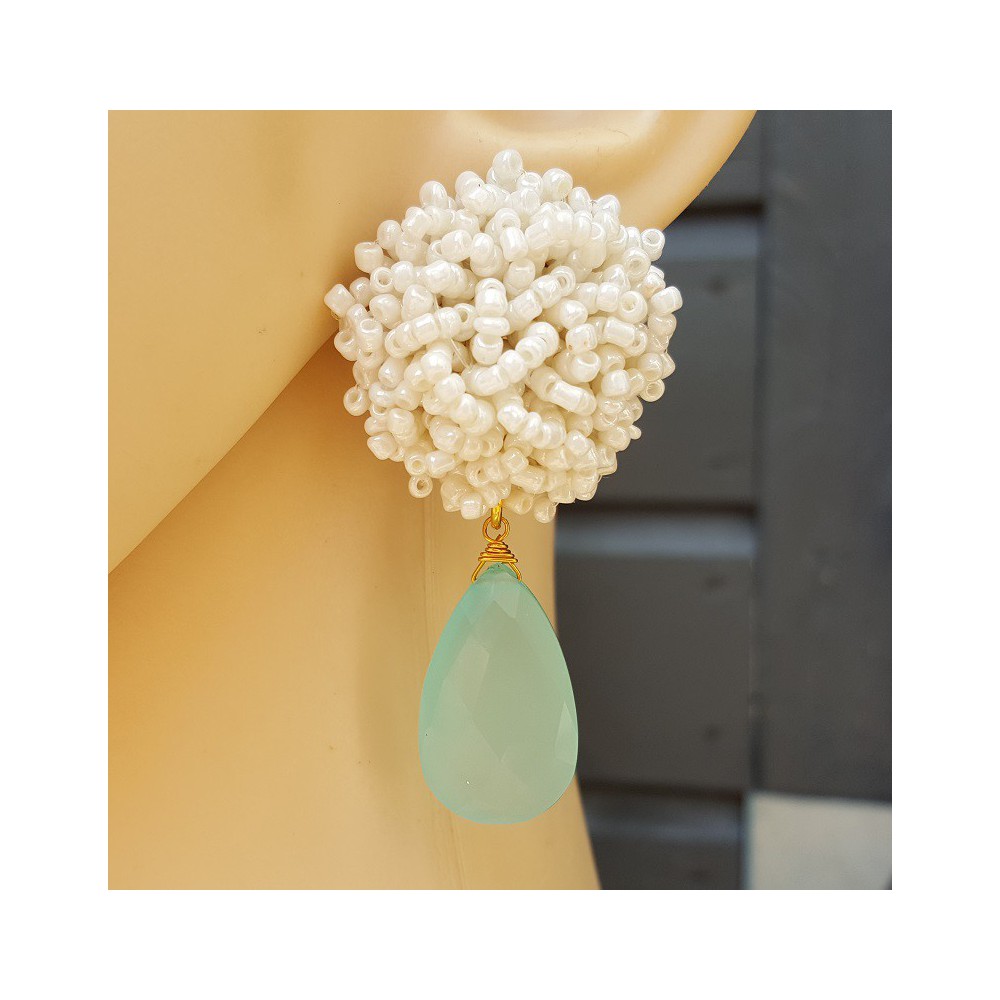 Earrings with oorknoppen of white beads and aqua Chalcedony briolet