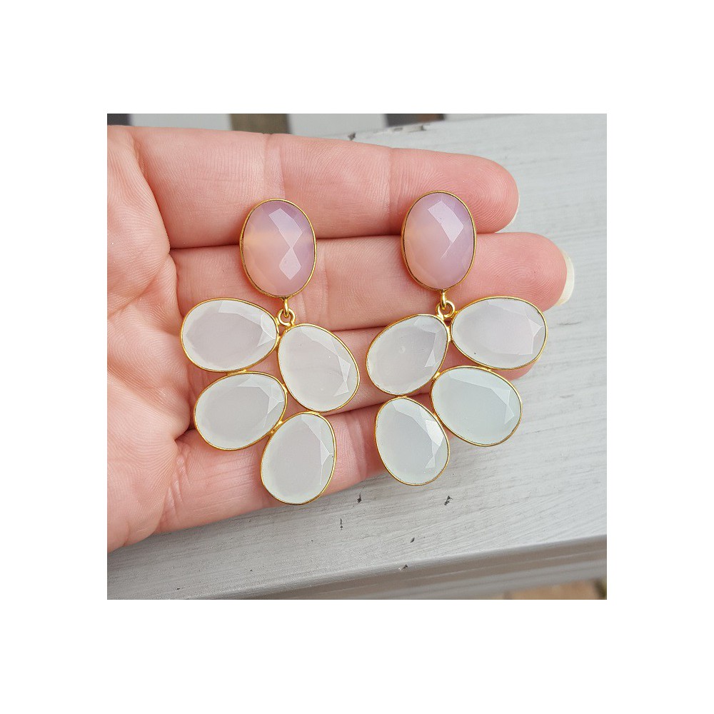 Gold plated earrings with white and pink Chalcedony