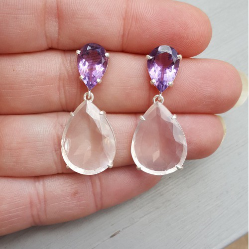 Zilveren oorbellen met Rozenkwarts en Amethist