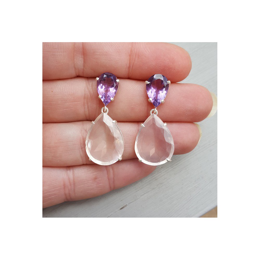 Silver earrings with rose quartz and Amethyst