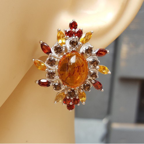 Zilveren oorbellen met Amber, Granaat, Citrien en Smokey Topaas